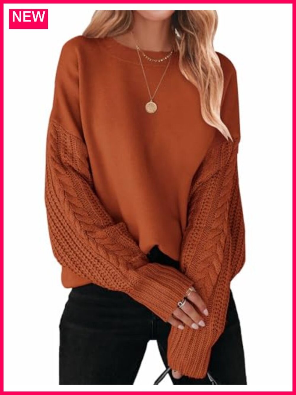 Cable Knit Oversized Tunic Sweater Crew Neck Long Sleeve Pullover